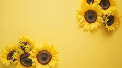 Top view of vibrant yellow sunflowers arranged on a soft lemon yellow table, with ample copy space around for text or designs.
