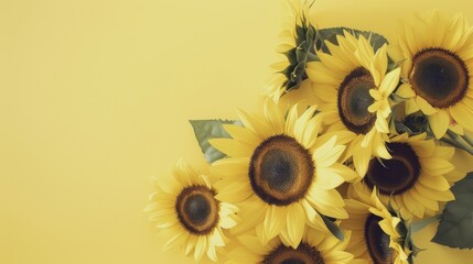 Top view of vibrant yellow sunflowers arranged on a soft lemon yellow table, with ample copy space around for text or designs.