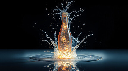Champagne bottle with a dynamic splash of water and sparkling liquid.