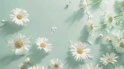 Top view of white daisies scattered gracefully on a soft mint green table, evoking a sense of purity and freshness.