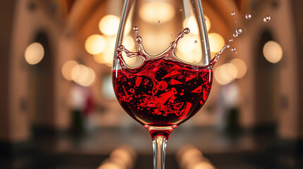Close-up of a glass of red wine with a splash and bubbles.