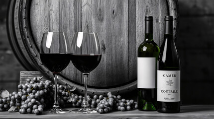 Two wine glasses and bottles with grapes and a barrel in black and white.