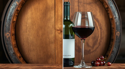 Split image of a wine bottle and glass with a barrel and grapes.