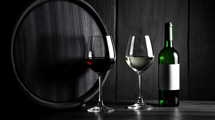 Two wine glasses and bottles with grapes and a barrel in black and white.