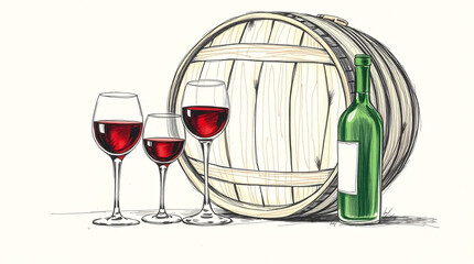 Three wine glasses, barrel, and bottle of red wine illustration.