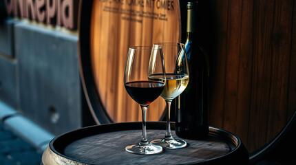 Two wine glasses, bottle, and barrel, rustic and elegant, festive and inviting.