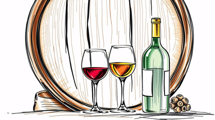Two wine glasses, two bottles, and a barrel in a playful illustration.