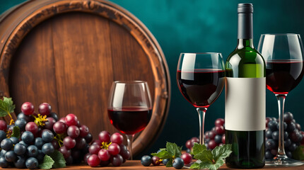 Wine setup with grapes, barrel, bottle, and glasses of red wine.