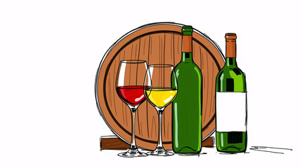 Two wine glasses, two bottles, and a barrel in a playful illustration.