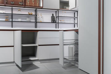 large modern built-in kitchen with lots of upper and lower cabinets, drawers and shelves. light...