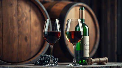 Wine setup with grapes, barrel, bottle, and glasses of red wine.