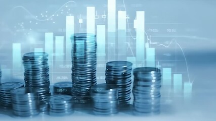 Stacks of Coins in Soft Blue Tones with Financial Graphs and Data Visualization Overlaying Representing Investment Growth and Financial Market Analysis