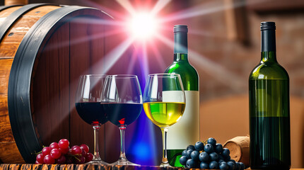Wine setup with grapes, barrel, bottle, and glasses of red wine.