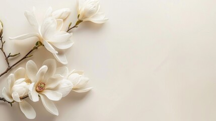 White magnolias placed delicately on a clean, soft cream table, perfect for adding personalized messages or greetings.