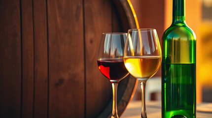 Wine glasses and bottles by a barrel at sunset.