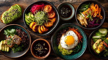 A vibrant flat lay of delicious vegan dishes, showcasing a colorful Buddha bowl and healthy ingredients.