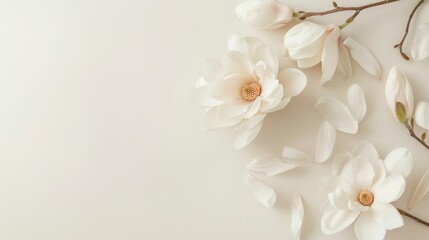 White magnolias placed gracefully on a clean, soft cream table featuring delicate, understated lines.