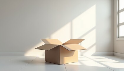 Open cardboard box in empty sunlit room