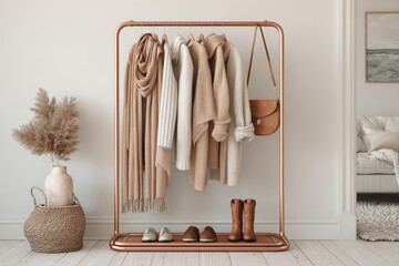 Boho copper clothing rack with neutral outfits and cozy accessories in warm light