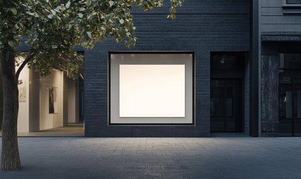 A dark-grey, urban storefront with a large, bright, blank square window display, flanked by a tree and neighboring buildings at dusk