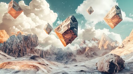 Surreal landscape with floating cubes amidst rocky terrain and dramatic clouds.