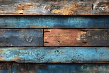 Fototapeta premium Rustic wooden planks, painted with shades of blue, orange and brown color. Use for background, texture or any design related to wood and old materials.