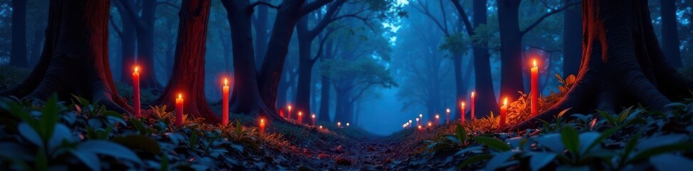 Mystical forest night, glowing candles, dark magic , copy space, abstract, ritual