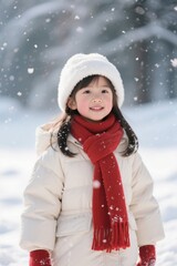 araffe girl in a white coat and red scarf standing in the snow