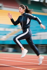 Obraz premium woman running on a track with a blue and white jacket