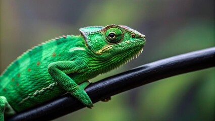 Fototapeta premium Close-up of a brightly colored green chameleon, with distinctive ridges on its head and subtle yellow markings, holding firmly onto a dark tree branch with a soft, blurred natural background
