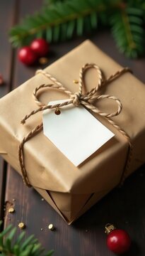 Rustic brown parcel tied with twine, blank label, natural, tied, kraft
