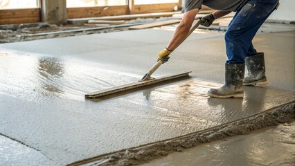 A construction worker, wearing gloves and boots, meticulously spreads fresh concrete screed across a floor using a long leveling tool, signifying the process of floor preparation and construction work