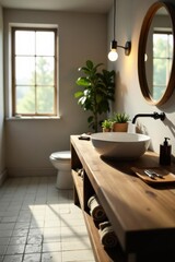 Rustic wooden countertop, blurred bathroom tiles, interior, wood grain