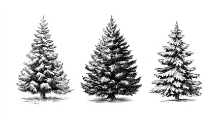 Sketch engraving of three snow-covered pine trees in winter forest scene with vintage detailed style