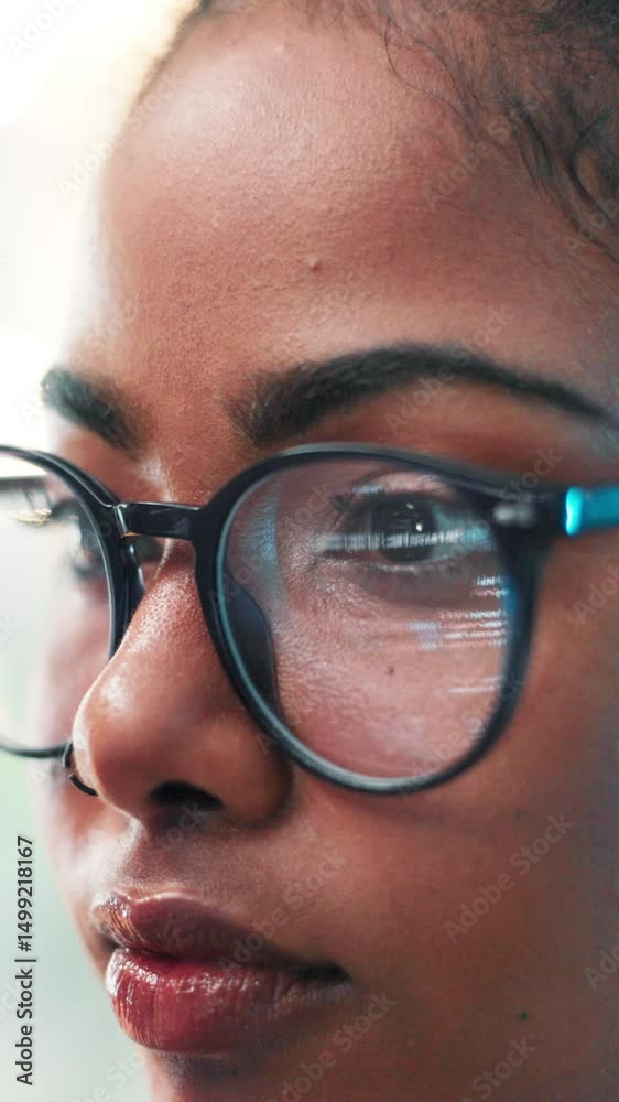 Aufkleber Woman, glasses and computer in office for coding, software development and problem solving. Reflection, programmer and face in agency for cybersecurity, programming update or thinking with technology
