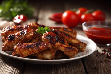 Fototapeta premium Grilled chicken wings on a plate with a dipping sauce.
