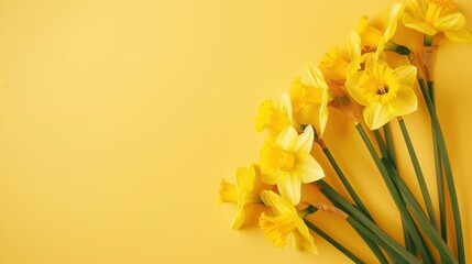 Yellow daffodils arranged in a cheerful display on a clean, soft buttercup yellow table, symbolizing springtime and renewal.