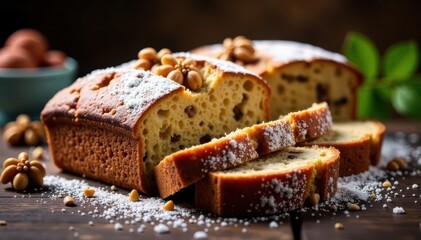 Sliced walnut date loaf, powdered sugar dusting, fruity, vegetarian