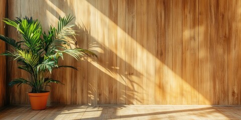 Sunlit room with potted palm against warm wood wall