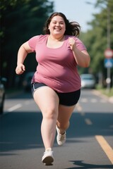 there is a woman running down the street in a pink shirt