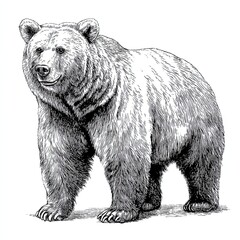 Realistic bear in black and white sketch engraving style standing on ground with detailed fur and texture