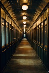 Empty corridor in old train architecture building illuminated.