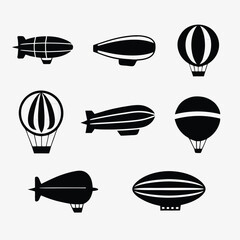 Black silhouette icons of zeppelins and airships
