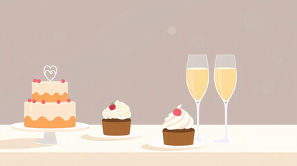 A wedding scene with cake, cupcakes, and champagne for celebration and love.