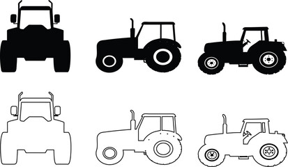 Obraz premium Farm tractor silhouette and outline icon set in black vector for agriculture and farming design.