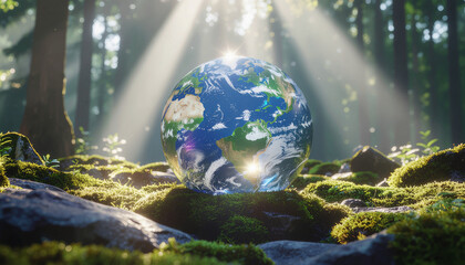 Glowing Earth Sphere in Lush Forest with Sunbeams and Mossy Ground