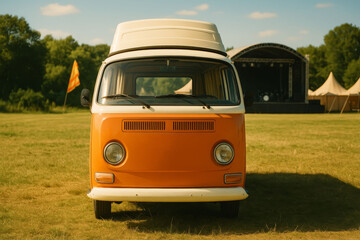 Vintage orange camper van on green field near music stage at summer outdoor festival