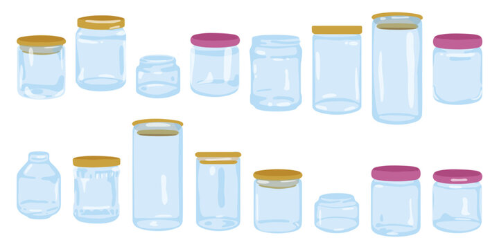 Cartoon Glass Jars Collection. Set of flat kitchen containers with gold and pink lids, isolated on white background.