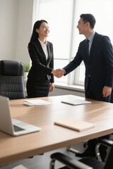 there are two people shaking hands in an office setting