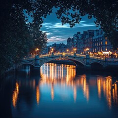 Fototapeta premium Evening cityscape with bridge covered in warm string lights reflecting on calm river, lined with buildings and pedestrians. Generative by AI.